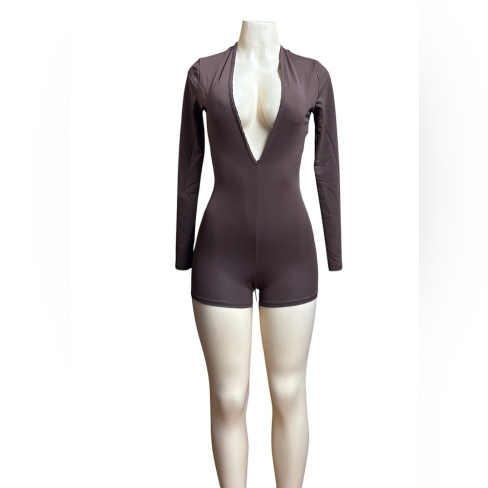 Fashion Nova Deep V-Neck Brown Romper